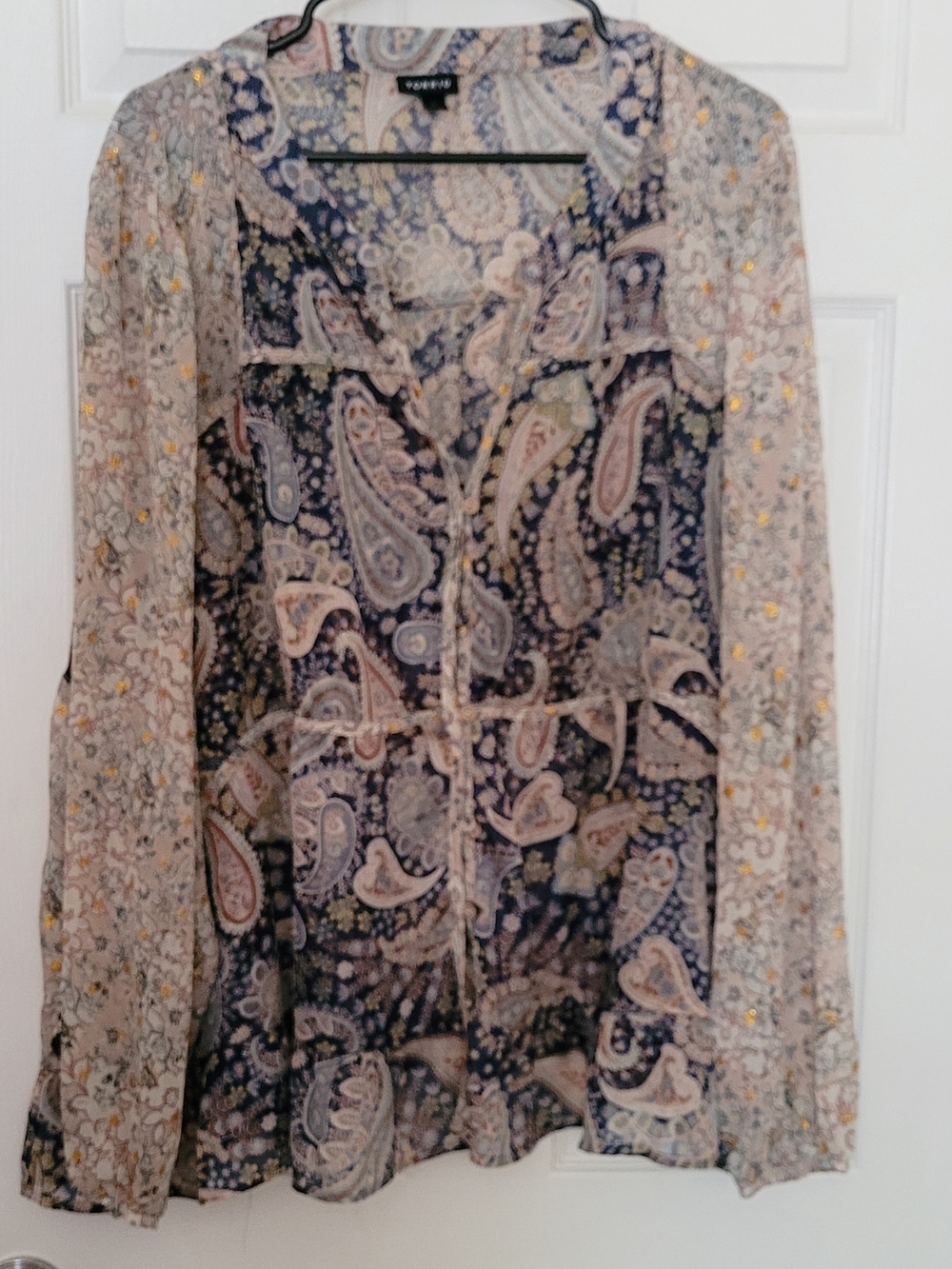 Torrid Navy and Cream Paisley Sheer Georgette Button-front Blouse